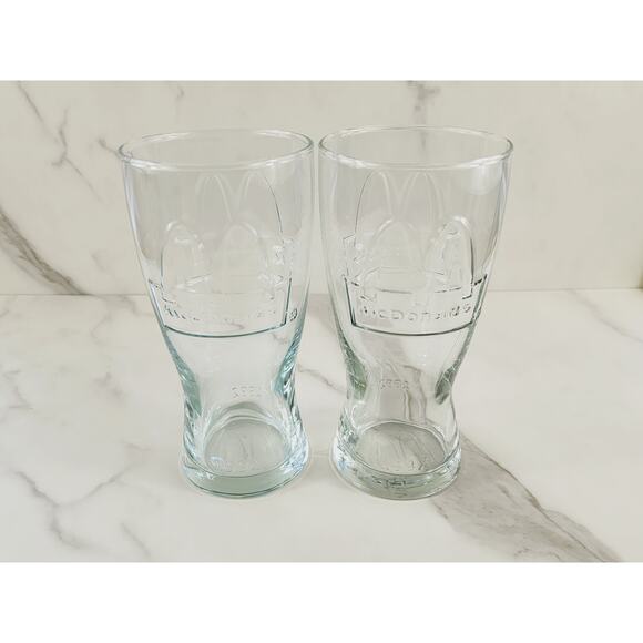 McDonald's Clear Tall Glass 16oz Drinking Glasses 6 1/2" Embossed Logo 1992 x2 - Picture 1 of 13